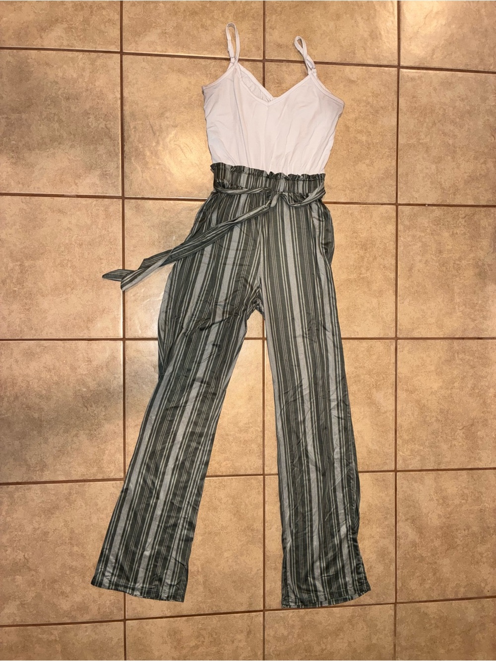 Striped Paperbag Waist Wide-Leg Pants - White/Olive Jumpsuit